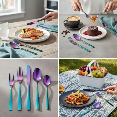 Image of 10 Pcs Rainbow Cutlery Set for Dining Table the Perfect Mirror Polish Hevy Duty Tableware Including Dinner Spoon, Dinner Fork, Dinner Knife, Dessert Spoon & Dessert Fork