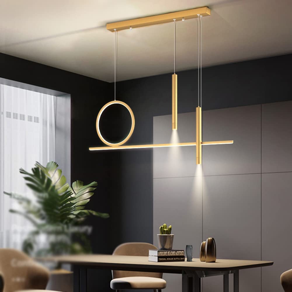 Nowoczesna lampa wisząca z długim pierścieniem z oświetleniem LED i reflektorem, metalowa lampa wisząca do jadalni, salonu i baru. Regulowana lampa sufitowa, żyrandol - złoty - A