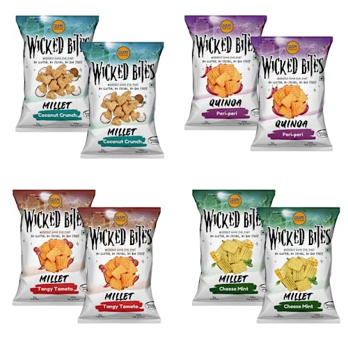Grami Superfoods Wicked Premium Assorted Millet Snack - Pack of 8 ( 240g) - Each Pack Contains Coconut Crunch, Quinoa Peri Peri, Tangy Tomato, and Cheese Mint | Baked Not Fried | High Protein Millet & Quinoa Based Snacks | Savory & Sweetened with Jaggery | Gluten Free Snack | No Preservative | No-GMO | | Healthy Snacks for Kids | Healthy Snacks for Adults | Lower Blood Sugar | Weight Loss | Low GI | Protein Snack