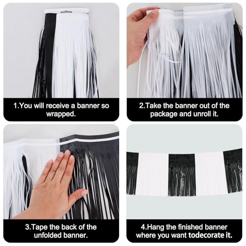 Image of BEISHIDA 3 Packs Metallic Foil Fringe Garland Black White Wall Hanging Tinsel Fringe Banners for Car Floats Bridal Shower Wedding Birthday Graduation Holiday Party Decoration(30 Feet)
