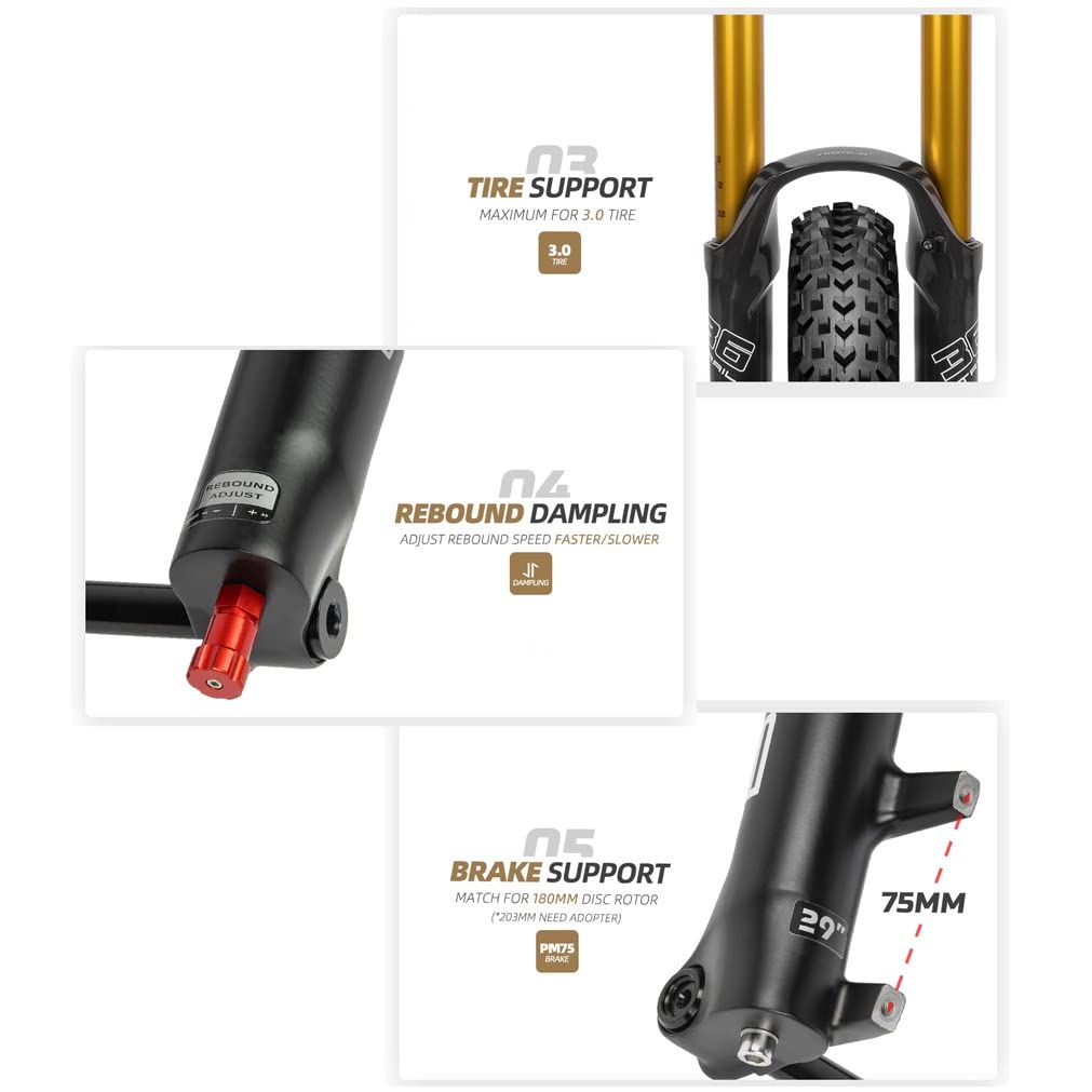 DH MTB Pneumatische Gabel 26 27,5 29 Federgabel für Mountainbike Reisen 180 mm 1-1/2 Zoll konische Steckachse 15 x 110 mm Boost Gabel einstellbare Rückkehr Manuelle Verriegelung (Color : Gold, Size :