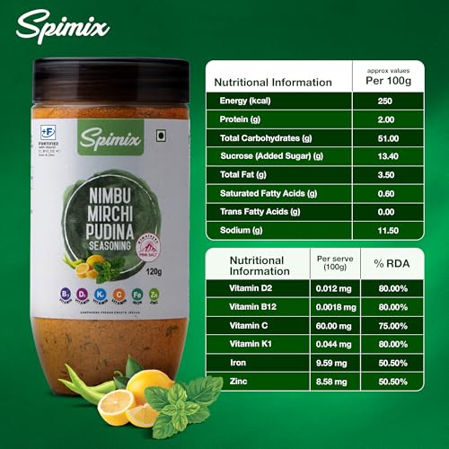 Image of SPIMIX Nimbu Mirch Pudhina Masala, Tangy & Spicy Lemon Mint Seasoning Blend With Premium Himalayan Pink Salt, Sprinkle on Chaat, Salads, Raita & Snacks, US FDA Approved (120 gram)