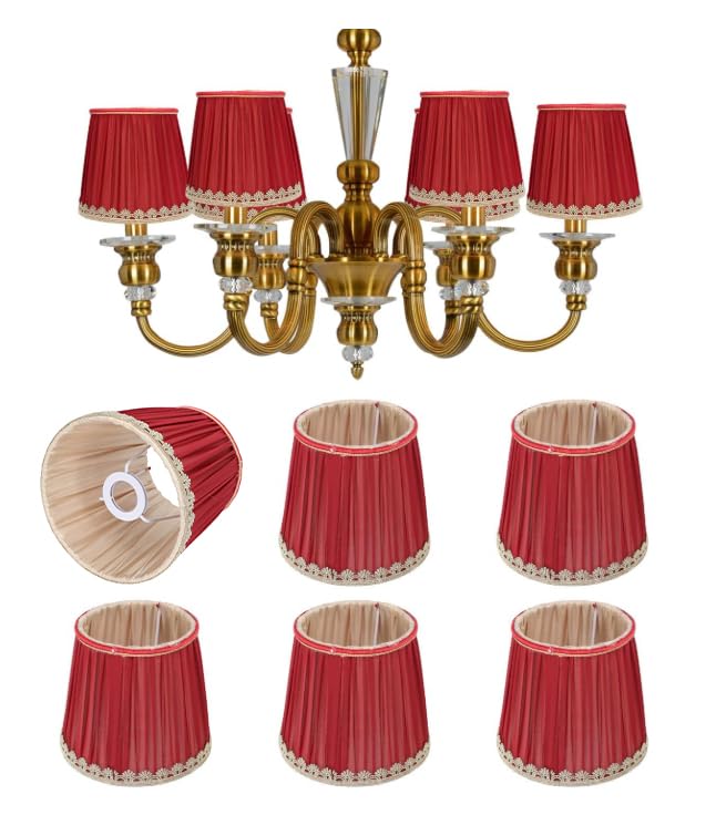 Chandelier Lamp Shades, 6 Pcs E14 Wine Red Pleated Fabric Lampshade Cover Small Droplight Wall Lamp Shade for Wall Ceiling Table