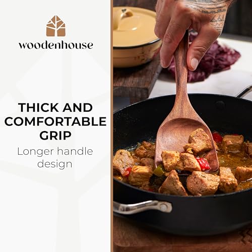 Wooden Spoons for Cooking 13 Pcs – Sturdy & Easy to Clean, Natural Teak Wooden Utensil Set – Non-Scratch Wood Kitchen Utensils Set with Spatula, Ladle, Spoons, Tongs, Whisk, Holder, Spoon Rest & Hooks by Woodenhouse - Image 6