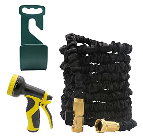 SCOPOW Gartenschlauch, ausziehbar, 3 Schichten, Latexwasserschlauch, flexibel, 1,9 cm mit Allen Messinganschlüssen & Absperrventil, 9 Sprühdüsen und Hakenhalter