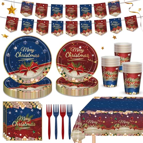 122 PCS Christmas Party Supplies Serve 24 Guests Merry Christmas Plates and Napkins Party Decorations Disposable Dinnerware Set Decor Red and Blue