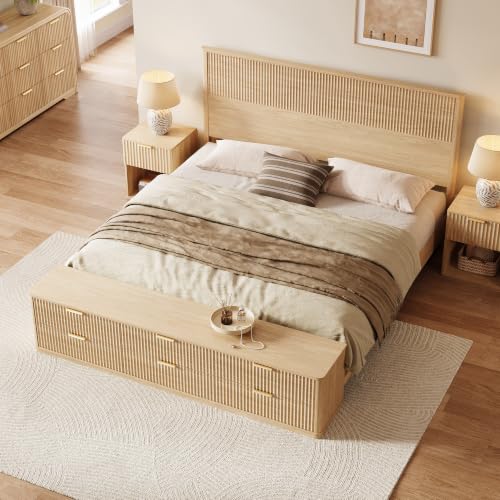 Image of LINSY Fluted Bohe King Bed with Headboard and Storage Bench, Natural Oak