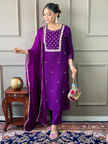 Image of Naixa Women's Viscose Embroidered Straight Kurta with Viscose Pant and Silk Blend Printed Dupatta Sets (NK-430)