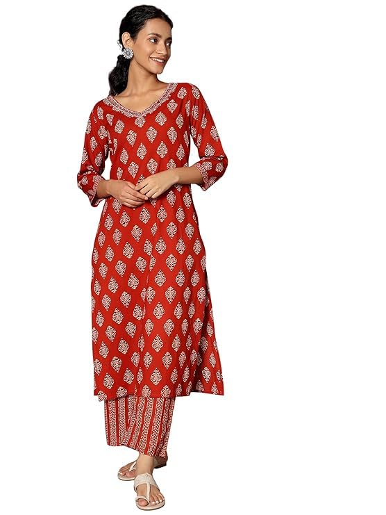 Image of Libas Womens Printed Cotton Straight Kurta With Palazzos | daily wear suit