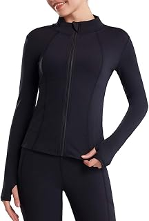 Long Sleeve Yoga Gym Crop Top Womens Full Zip Running Sports Jacket Slim Fit Thumb Holes