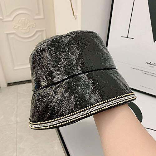 Renslat Fashion Rhinestone Chain Soft Pu Street Lady Bucket Cap Women Fisherman Hat Basin Hat Street Hat (Color : B) #TOP14