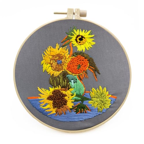 Image of Meecaa Golden Sunflower Embroidery Kit Starter Set, Hand Embroidery Set,Pattern Printed Cross Stitch Set for Beginner Adults, with Embroidery Hoop and Instructions (Golden Sunflower)