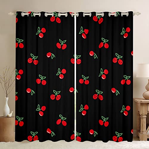 Girls Red Cherry Window Curtains, Kawaii Blackout for Kids Boys Adult Women, Cartoon Fruit Drapes 2 Panels, Cute Cherry for Bedroom Living Room Decor, 42