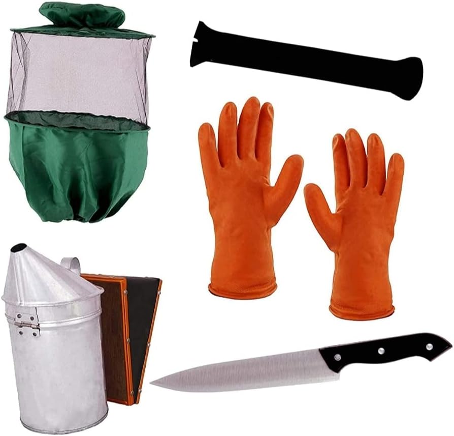 - ADSANS Basic Bee Keeping Equipment - Combo of 5 of Bee Veil - Green - 1, Gloves Rubber - 1,Hive Tool - Iron J Type, uncapping Knife - 1, Smoker (GI)-1