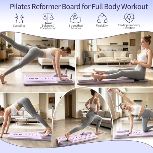 Lerpio 6 in 1 Pilates Board, Portable & Foldable Pilates Reformer Set with Yoga Sock, Multifunctional Pilates Reformer Board for Home Use and Gym Workout (Pink) by Lerpio - Image 2