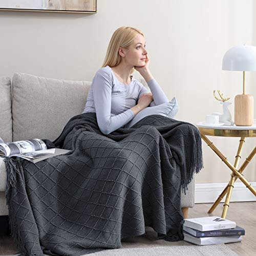 Walensee Throw Blanket For Couch, 50 X 60 Dark Grey, Acrylic Knit Woven Summer Blanket, Lightweight Decorative Soft Nap Throw With Tassel For Chair Bed Sofa Travel Picnic, Suitable For All Seasons #TOP2