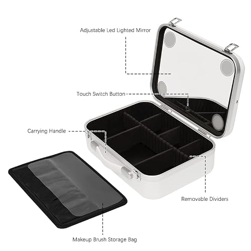 Travel Makeup Case With Led Lighted Mirror 3 Color Setting Makeup Train Case Makeup Bag Organizer Makeup Storage Box With Dividers Cosmetic Bag (White) #TOP2