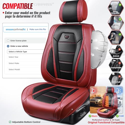 Image of CAR PASS Nappa Leather Car Seat Covers Full Set Faux Leather, Black Red | Luxury Nappa Leather,360 Full Protection,Water resistant,3D Foam Comfort,Universal Fit for Most Cars SUV Truck,Scratch proof