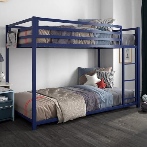DHP Furniture Miles Low Metal Bunk Bed Frame for Kids, With Built-in Ladder, High Guardrail and Metal Slats, Floor Bed Bottom Bunk, No Boxspring Required, For Small Spaces, Twin-Over-Twin, Blue