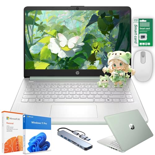 Image of HP Ultra Thin 14 inch Laptop with Copilot, Intel N150, 8GB RAM, 256GB(128GB eMMC+128GB SD Card) • HUB • Mouse, Windows 11 Pro, 1-Year Office 365, Lightweight Green Notebook for Work & School
