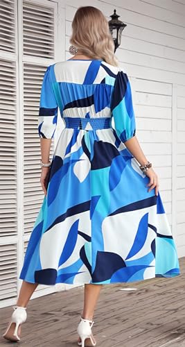 Image of Kormei Women Casual Boho V Neck 3 /4 Sleeve Smocked Waist A Line Flowy Swing Midi Dress Smocked Long Dress