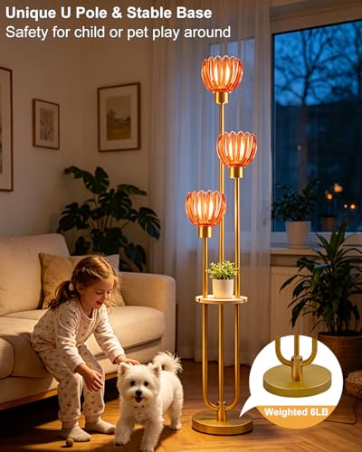 Image of Lightdot 3-Lights Glass Floor Lamp for Living Room Modern Gold Floor Lamps with Lotus Deep Red Glass Shade& Bulbs Included for Wedding /Party Tall Standing Lamp for Bedroom /Sofa Beside /Corner Decor