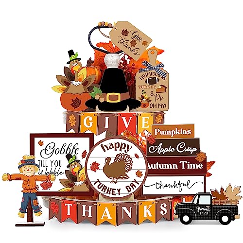 24 Pcs Thanksgiving Tiered Tray Decoration Fall Thanksgiving Decoration Farmhouse Rustic Wooden Sign Turkey Truck Scarecrow Fall Decoration Warm Thanksgiving Fall Home Table Kitchen Decorative Tray