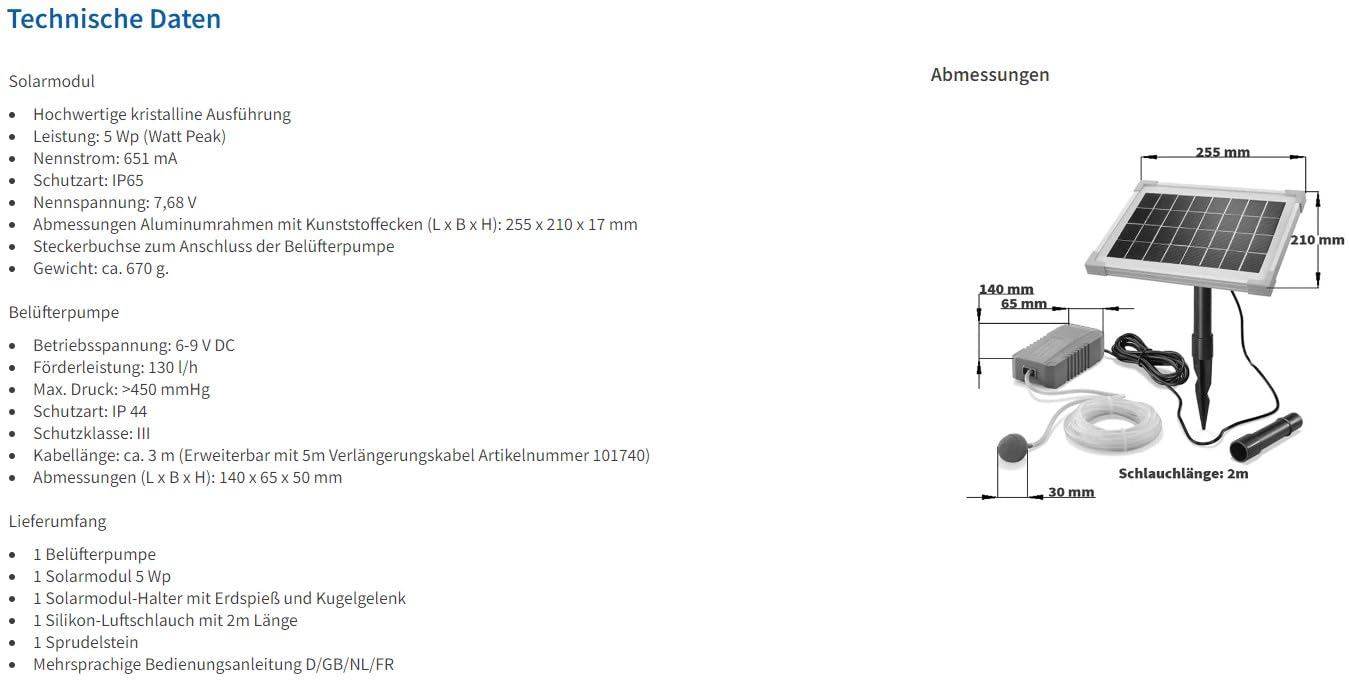 Esotec Solar Teichbelüfter 5/130 Professional, 130l/h Sauerstoffpumpe, Teichpumpe, Luftpumpe für Gartenteich, Teichzubehör, Belüftungspumpe, Solarpumpe, 101842
