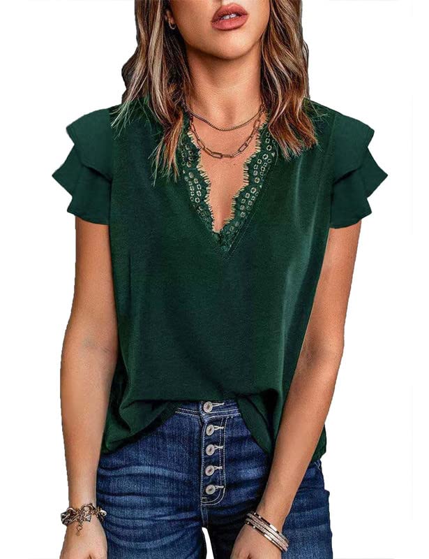 ClearloveWomen Loose T-Shirt Double Ruffle Sleeve Elastic V-Neck Casual Blouse Elegant Lace Tops with Pleated Detail for Ladies UK