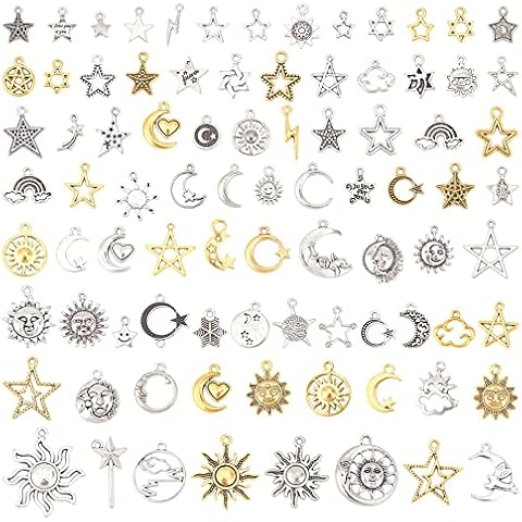 SUPERFINDINGS 2 Beutel 2 Farben Sonne Mond Stern Schmuckherstellung Charm Anhänger Im Tibetischen Stil Glattes Tibetisches Silber Metall Charms Anhänger Cover