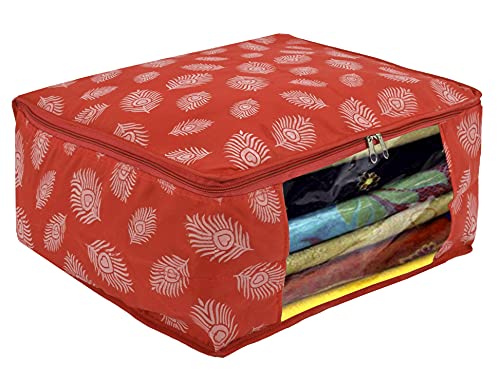 Image of Kuber Industries Leaf Printed Saree Cover With Transparent Window Pack of 6 (Orange)