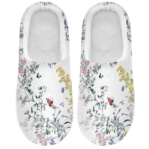 JUNZAN Chic Thyme Flowers White Womens Cotton Slippers Breathable Memory Foam Guest Slippers for Hotel Birthday Presents 6-7