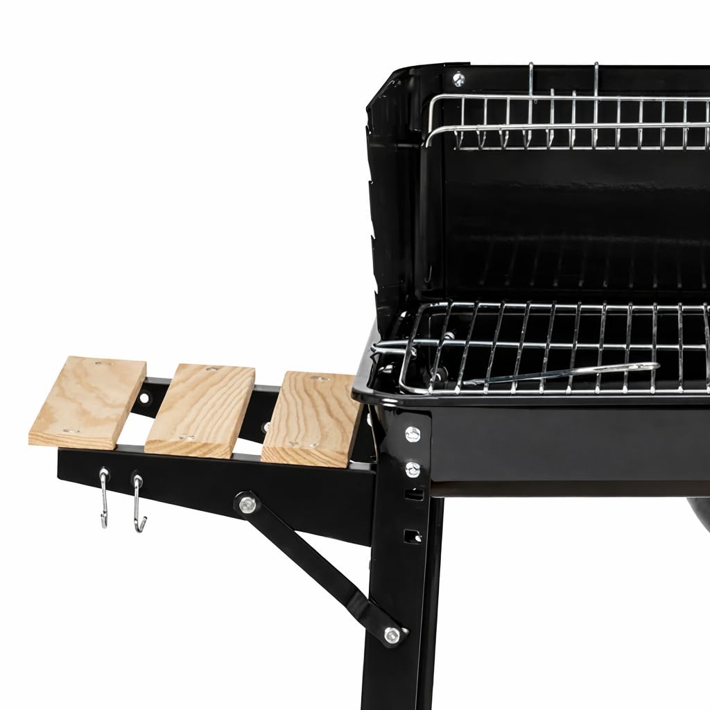 Barbecue A Carbonella In Acciaio Nero Con Ripiani Laterali E Ruote Griglia 48,5x29 Cm Altezza Regolabile Paravento Braciere Smaltato Per Giardino Terrazzo
