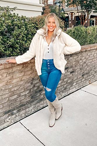 Prettygarden Women's 2023 Fashion Winter Coat Long Sleeve Lapel Zip Up Faux Shearling Shaggy Oversized Shacket Jacket (White,Large) #TOP4
