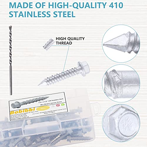 Bobibbi 1/4 X 1-1/4" 410 Stainless Steel Hex Head Tapcon Concrete Screw Anchor, For Anchoring To Masonry, Block Or Brick (50Pcs) #TOP2