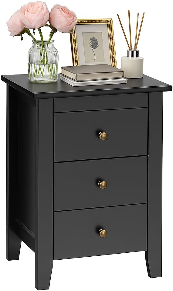 Giantex Nightstand with 3 Drawers, Wood Black Stand Bedside Table w/Storage Drawer & Round Metal Knobs, Modern End Side Table for Dorm Bedroom Small Spaces, 14.5" D x 18" W x 26" H