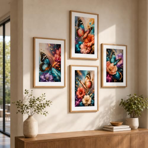 Image of Livin'luxe Set of 4 Butterfly Floral Wall Paintings with Sparkle Laminate and Premium Wooden Synthetic Frame for Living Room Bedroom Office Decor (13.5 x 19.5 Inch)