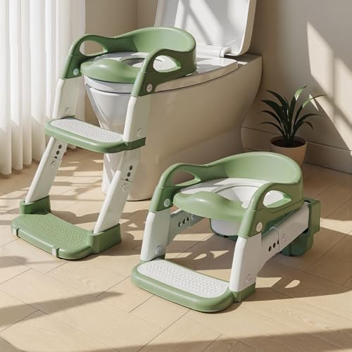 Image of Wanchouse 3-in-1 Potty Training Seat & Training Toilet & Potty Chair, Height AdjustableToddler Toilet Seat for Kids, Foldable Potty Training Toilet with Splash Guard & Anti-Slip Steps (Green)