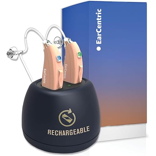EarCentric EasyCharge Rechargeable Hearing Aids for Seniors Mid-Aged - Mild to Severe High Frequency Hearing Loss Aid OTC Sound Amplifiers - Magnetic Charger, 24x7 Customer Support [Light Beige-Pair]