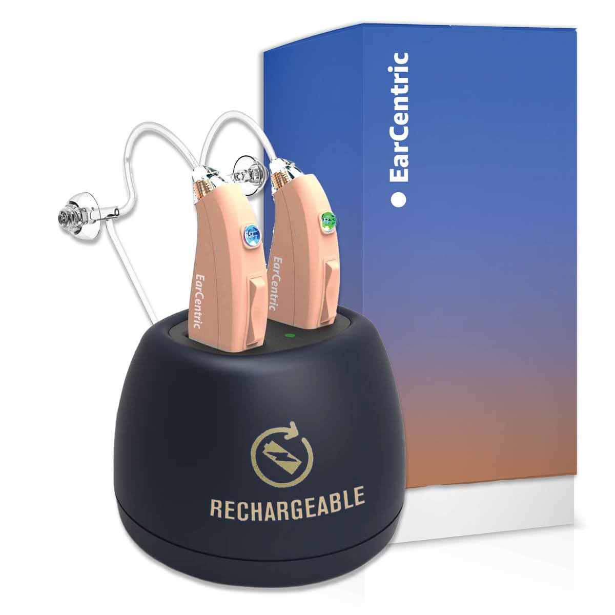 EarCentric EasyCharge Rechargeable Hearing Aids for Seniors Mid-Aged - Mild to Severe High Frequency Hearing Loss Aid OTC Sound Amplifiers - Magnetic Charger, 24x7 Customer Support [Light Beige-Pair]