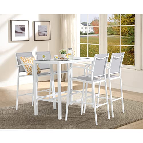 Oc Orange-Casual 5-Piece Patio Bar Set, All-Weather Aluminum Textile Fabric Outdoor High Top Dining Table And Chairs, 4 Metal Bar Height Stools With Glass Top Bar Table, For Porch, Garden, White #TOP6