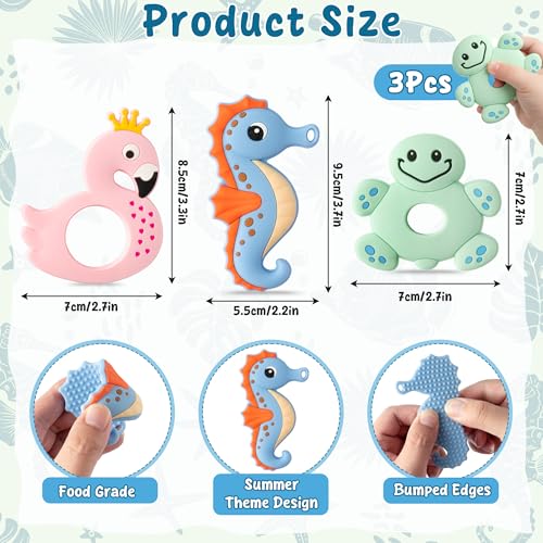 Image of 3Pcs Silicone Teething Toy for Babies, Summer Ocean BPA Free Teethers | Infant Teething Relief Chew Toy, Sore Gums Pain, Food Grade Baby Toy, Soft Sensory Teether Gift for Newborn Baby, 6-12 Months