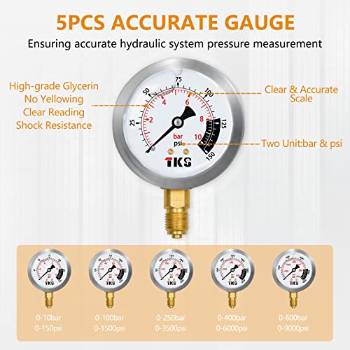 Image of Hydraulic Pressure Test Kit,600bar /8700psi / 60mpa 5 Gauges 13 Test Couplings 14 Tee Connectors 5 Test Hoses, Hydraulic Gauge Kit Sturdy Carrying Case for Mine Excavator Construction Machinery Ships