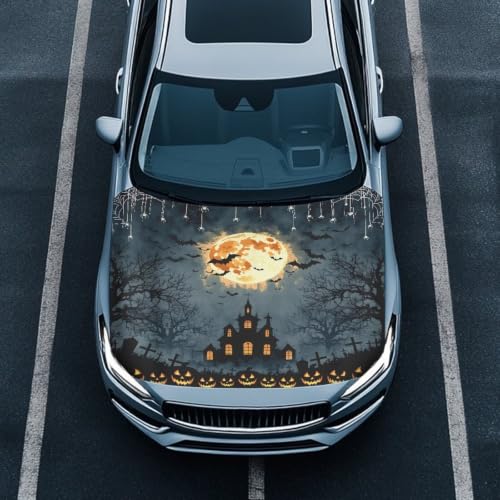 Image of Car Hood Cover Protector Halloween Haunted House Print Waterproof Car Hood Wrap Blanket Auto Flag Automotive Halloween Exterior Accessories for Sedans SUVs Pickups Trucks Jeeps