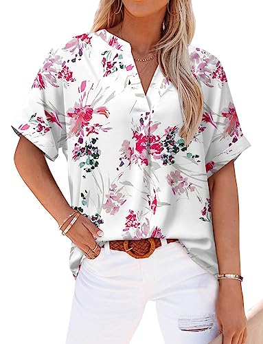 Women Blouses Ladies V Neck Shirt Summer Short Sleeve Tunic Tops Floral Printed Loose Elegant Work Office Swing Tops White Orchid Medium