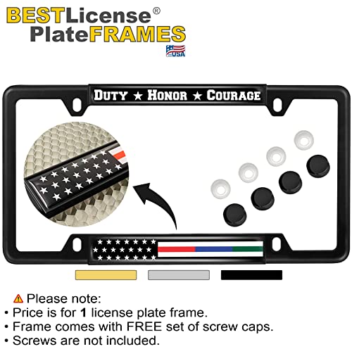 First Responders - Law Enforcement, Police, Military And Fire Thin Line (Stripe) Usa American Flag - Domed Narrow Top 4 Hole Metal Car License Plate Frame With Free Caps - Black (Quantity: 1 Frame) #TOP1