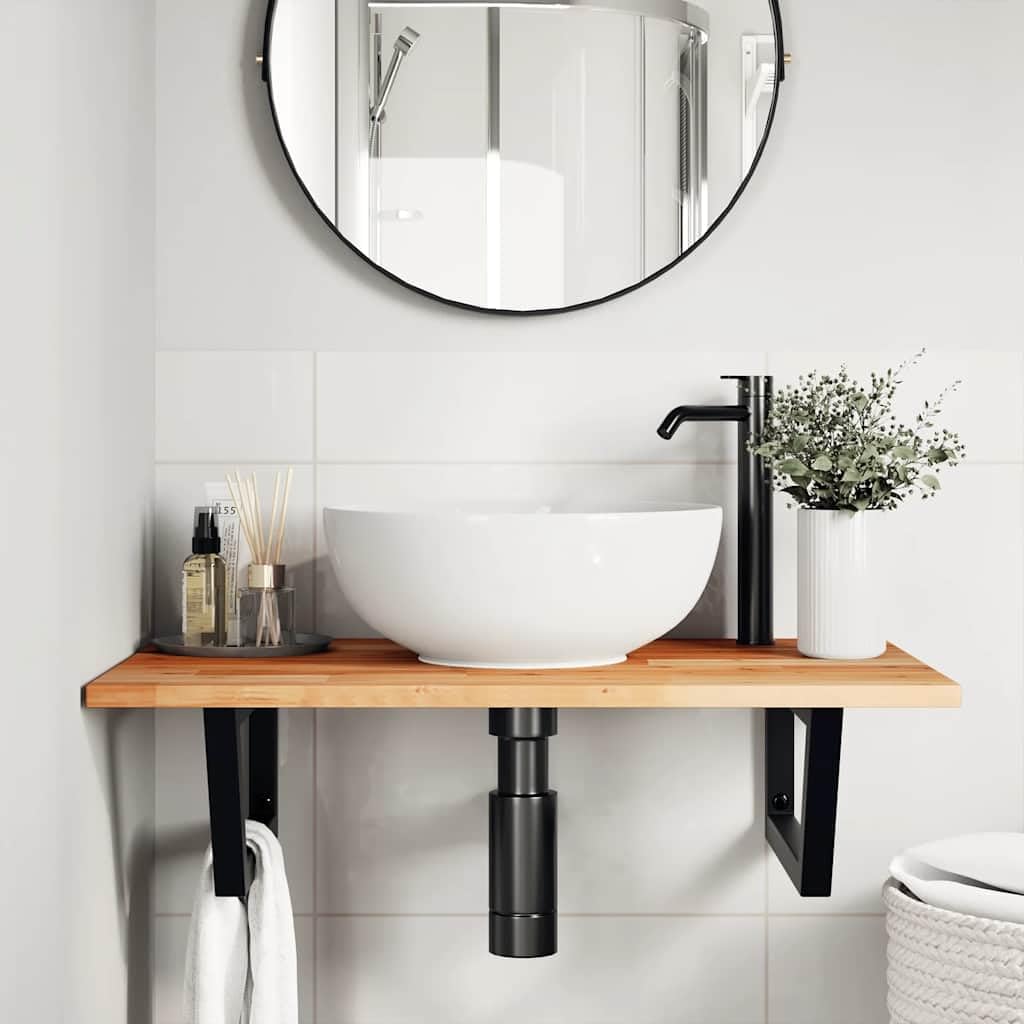 Estantería para lavabo de pared de acero y madera de acacia maciza, estante flotante para baño como estante para lavabo, ahorro de espacio, almacenamiento para cremas y toallas, resistente