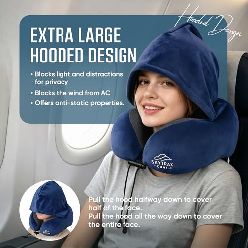 Image of SkytraxComf Travel Neck Pillow with Hood for Privacy on Long Flights | Memory Foam | Airplane Sleep | Safety-Tested Materials | Extra Large Hood | Chin Support | Earplugs | Washable Cover