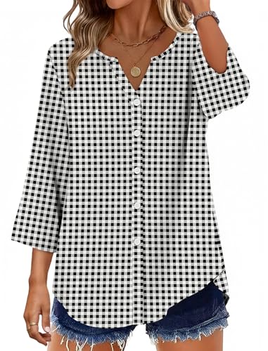 Image of OFEEFAN Button Down Shirts for Women 3 /4 Length Sleeve Tops V Neck Blouses Business Casual Outfits Loose Fit