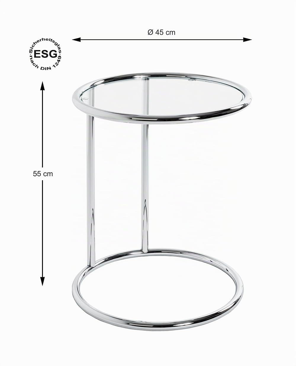 HAKU runder Beistelltisch mit Glasplatte Chrom Metall Couchtisch mit Sicherheitsglas - Maße: H 55 x Ø 45 cm Style: Modern